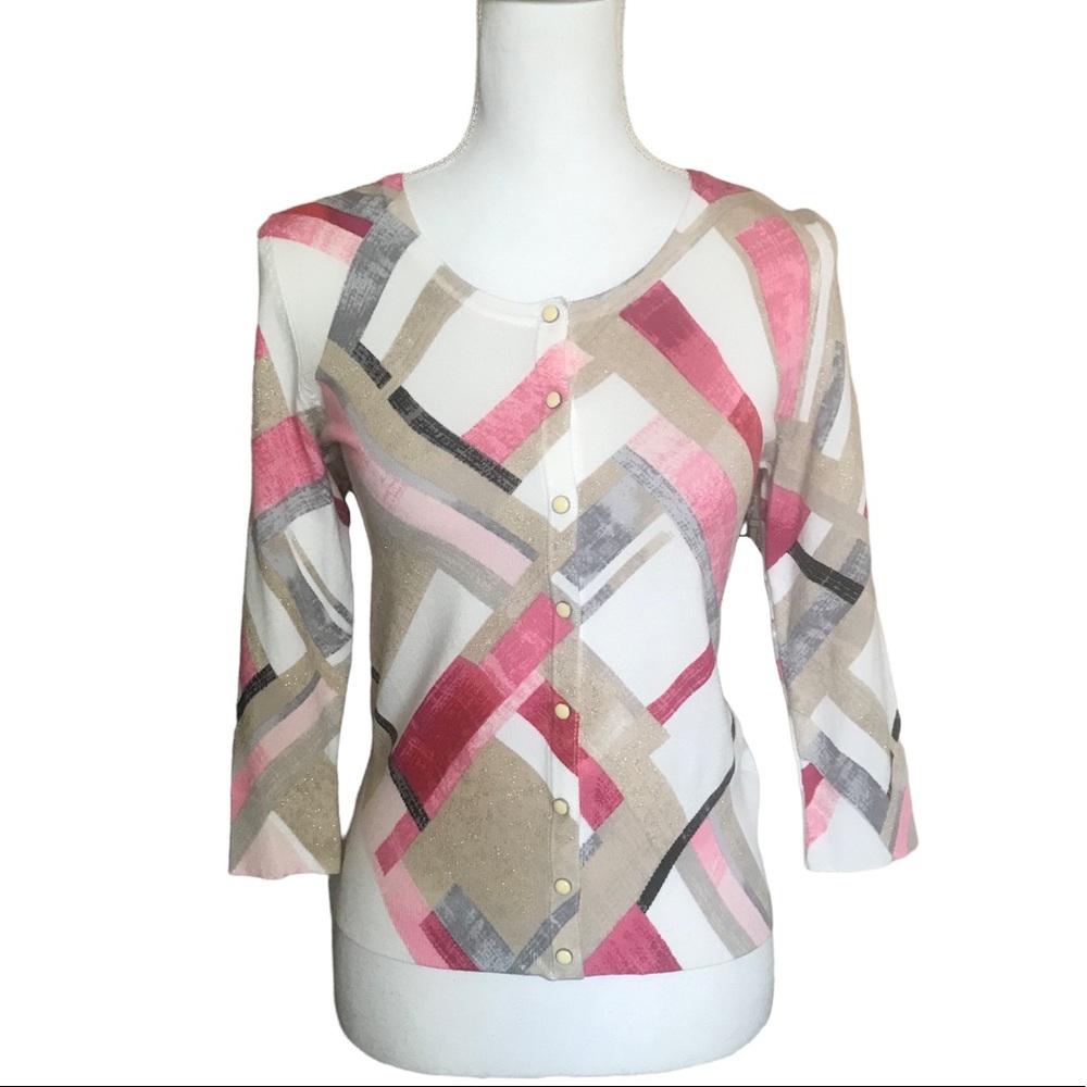 WHBM Pink & White Geometric Cardigan